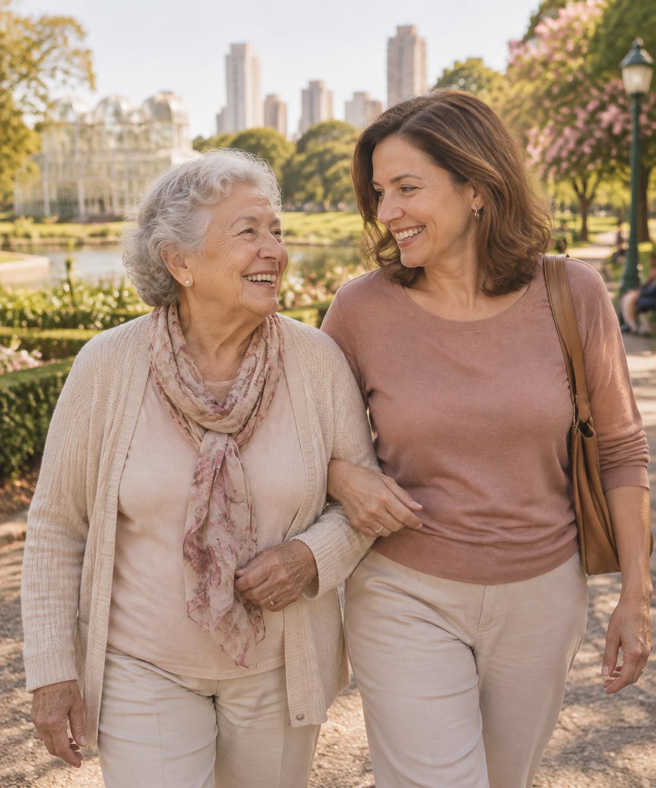 Senhora sorrindo caminhando de braços dados com uma mulher em um parque
